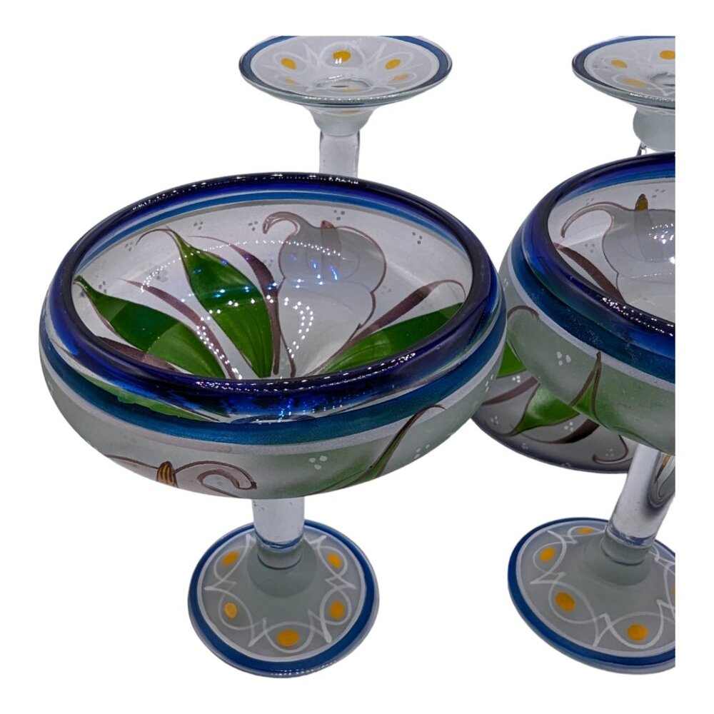 Set of 4 Hand Painted Mexican Blue Rim Margarita Glass White Calla Lilies Lily - Picture 7 of 16
